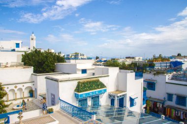 Beyaz ve mavi tasarım kasabası Sidi Bou Said, Tunus, Kuzey Afrika 09 Ekim 2018
