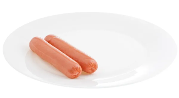 Two pink sausages on white plate — Stock Photo, Image