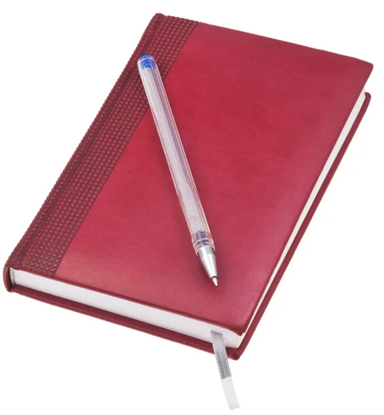 Кожаная тетрадь со старой синей ручкой — стоковое фото