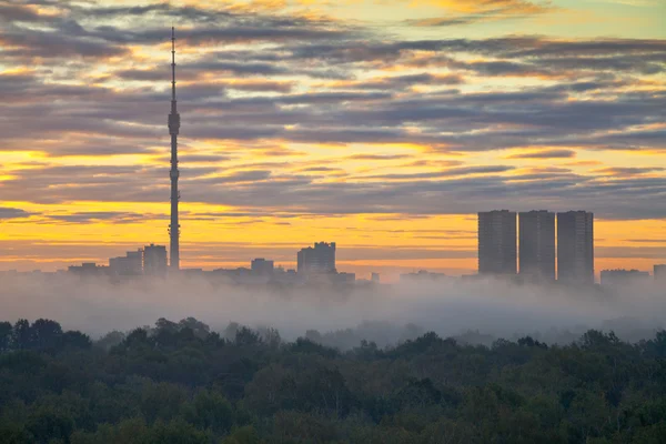 Mist bij herfst stad zonsopgang — Stockfoto