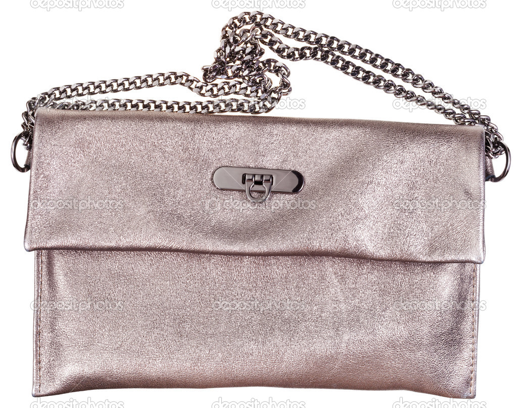 Golden leather clutch bag with chain belt