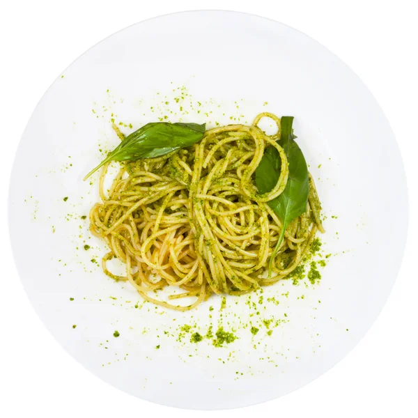 Oversiktspagetti blandet med pesto – stockfoto