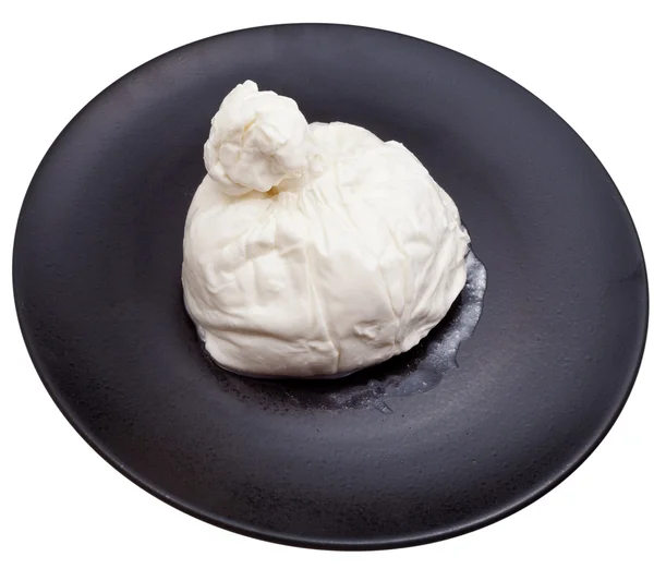 Fresh italian cheese burrata on black ceramic plate — Stock Photo, Image