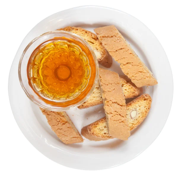 Sweet white wine and italian almond cantuccini top view — Stock Photo, Image