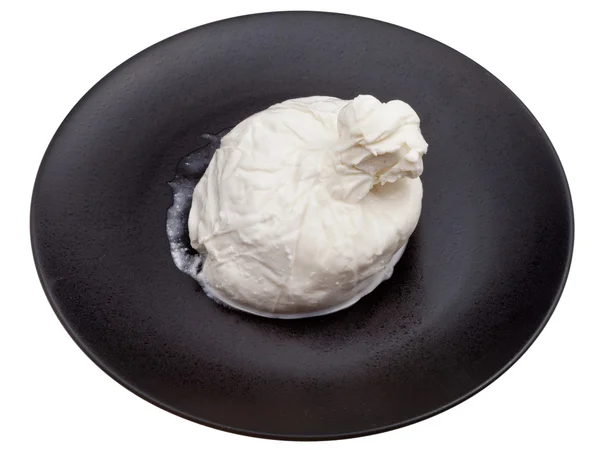 Fresh italian cheese burrata on black ceramic plate — Stock Photo, Image