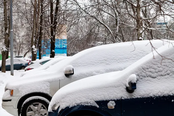 Автомобили, покрытые снегом на парковке — стоковое фото