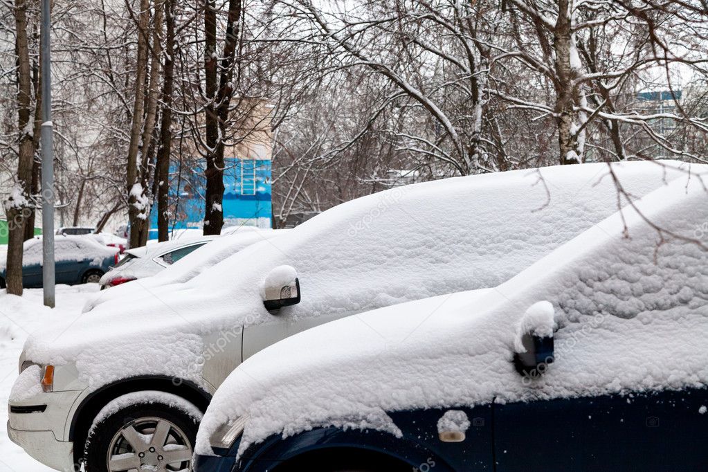 Cars covered with snow on parking