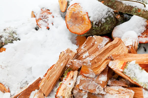 Gehakte elzen brandhout in sneeuw — Stockfoto