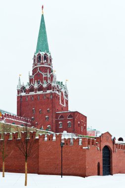 kış günü kar yağışı kremlin troitskaya kuleye bakış