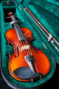 Yeşil kadife kutusunda yay ile keman