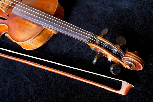 Violin scroll and bow on black velvet — Stock Photo, Image