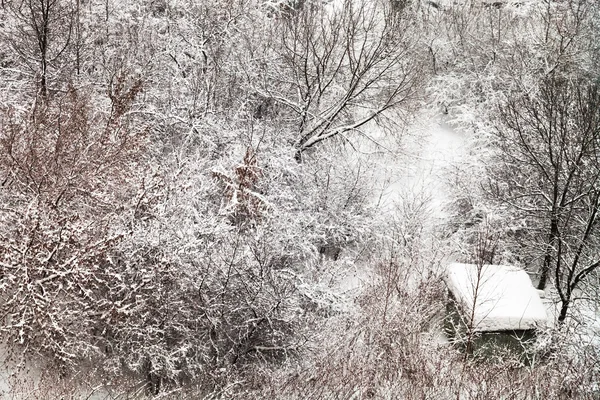 Porzucone szopy w parku pokryte śniegiem — Zdjęcie stockowe