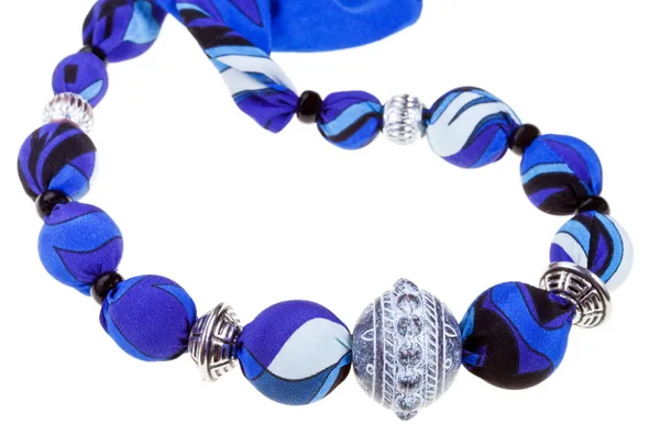 Handmade blue silk and metal ball beads — Stock Photo, Image