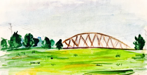 Çocuğun paiting - demiryolu Köprüsü ile lansdscape — Stok fotoğraf