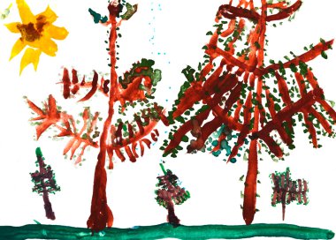 yaz günü içinde çocuğun çizim - çam ağaçları