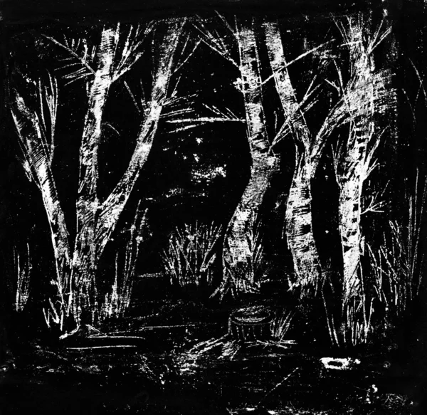 El dibujo infantil - los troncos de abedul por la noche — Foto de Stock