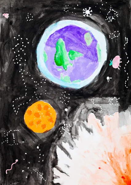 Barnets målning - planet, solen i rymden — Stockfoto