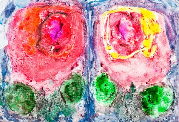 Child's painting - two pink roses — Stock Photo, Image