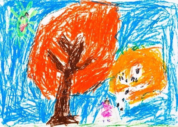 Child's drawing - orange autumn trees — Stock Photo, Image