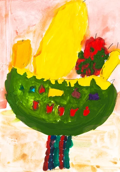 Child's paiting - bowl with fruits — Stock Photo, Image