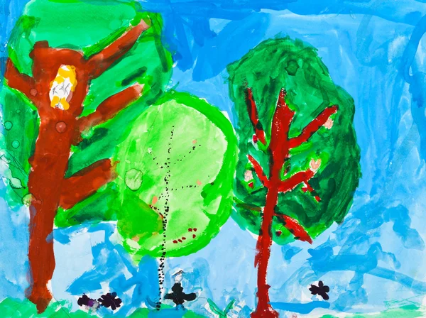 Child's painting - green trees — Stock Photo, Image