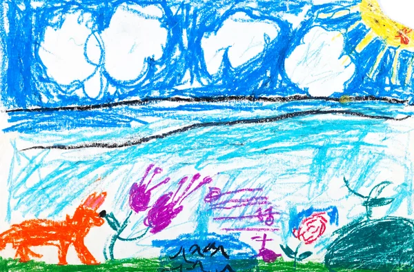 Child's drawing - fox on summer lawn — Stock Photo, Image