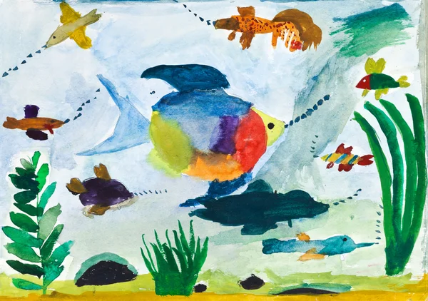 Дитячий живопис - риби в морі — стокове фото