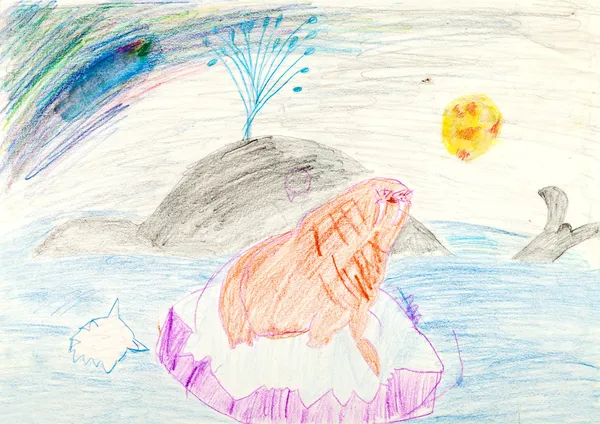 Child's drawing - whale and seal on ice block in ocean — Stock Photo, Image