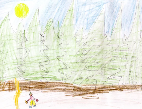 Детский рисунок - человек и лес — стоковое фото