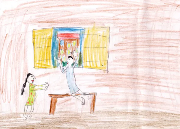 Child's drawing - two sisters and window — Stock Photo, Image