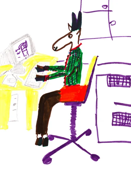 Child's drawing - donkey in office — Stock Photo, Image