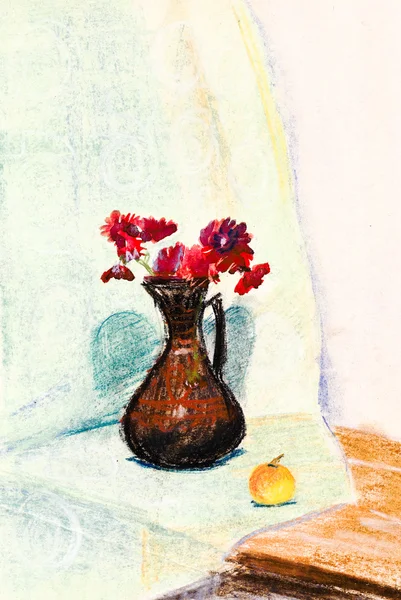 Child's paiting - flower vase with red chrysanthemum — Stock Photo, Image