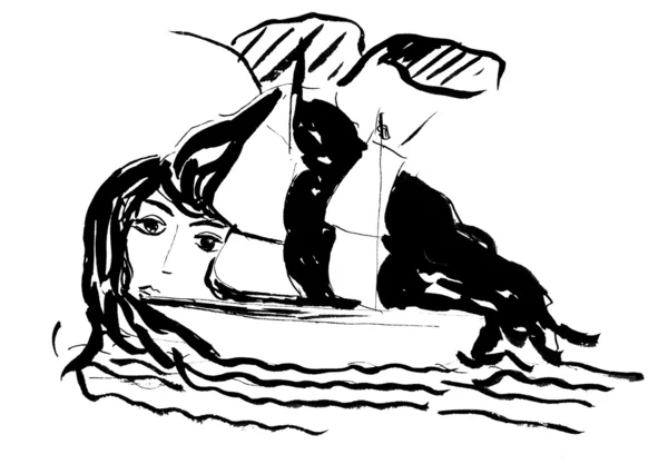 Child's drawing - siren and sailing boat — Stock Photo, Image