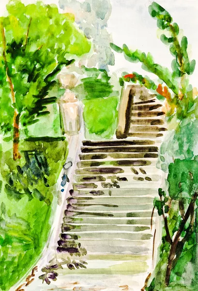 Child's paiting - old stone stairway — Stock Photo, Image