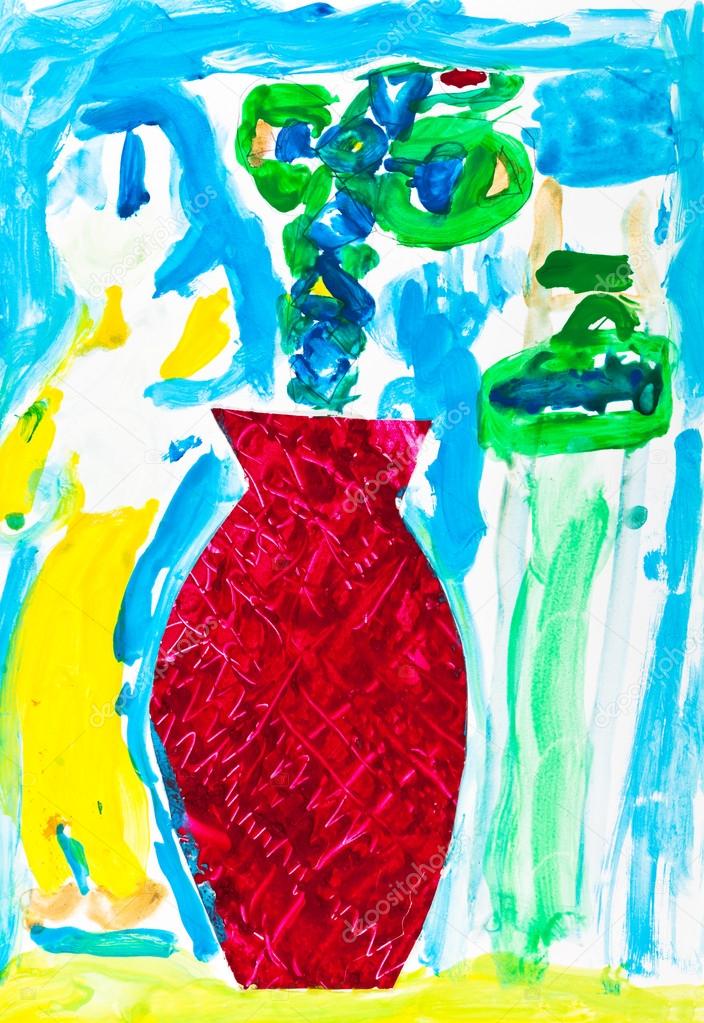 child's paiting - blue and green flowers in vase