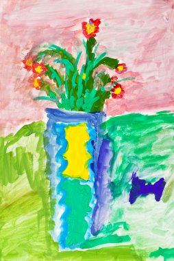 çocuğun paiting - kırmızı küçük çiçekler vazoda