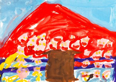 çocuğun boyama - kırmızı dağ ve kahverengi ev