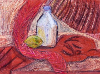 çocuğun paiting - natürmort şişe ve limon ile