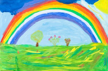 çocuğun paiting - gökkuşağı altında yeşil bir dünya