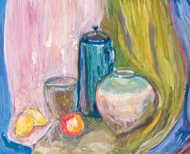 çocuğun paiting - su ısıtıcısı ve seramik kaseler ile natürmort