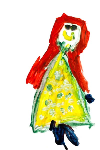 Barnets tegning - smilende pige - Stock-foto