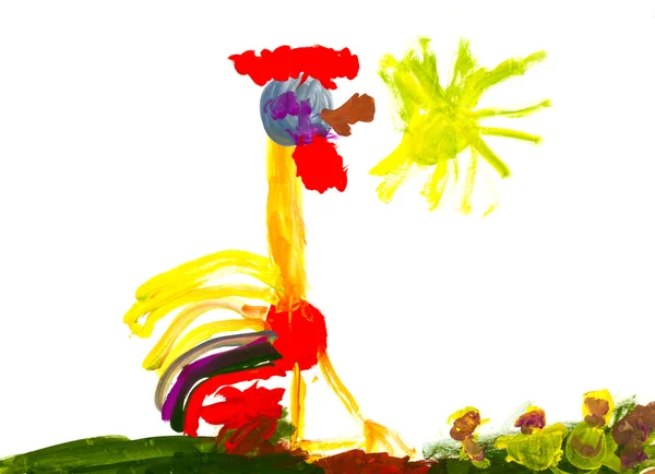 Child's paiting - rooster with red comb — Stock Photo, Image