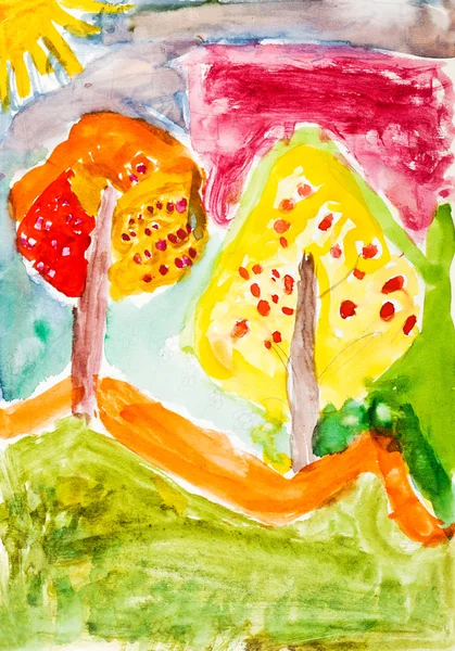 Peinture enfant - arbres jaunes — Photo