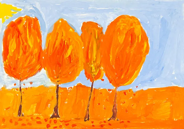 Child's painting - yellow trees — Stock Photo, Image