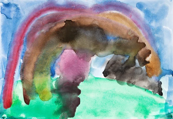 孩子的绘画-彩虹下绿色的田野 — 图库照片