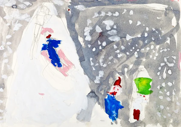 Child's painting - winter sledding — Stock Photo, Image