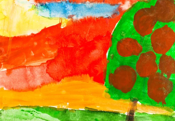 Çocuğun boyama - sonbahar günbatımı ve elma ağacı — Stok fotoğraf