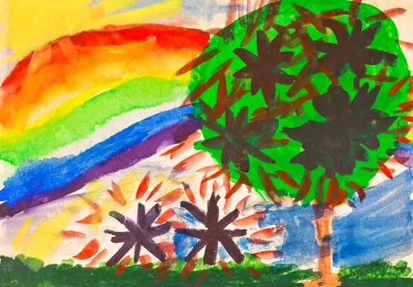 Pintura de criança - arco-íris abaixo do jardim de fruto — Fotografia de Stock