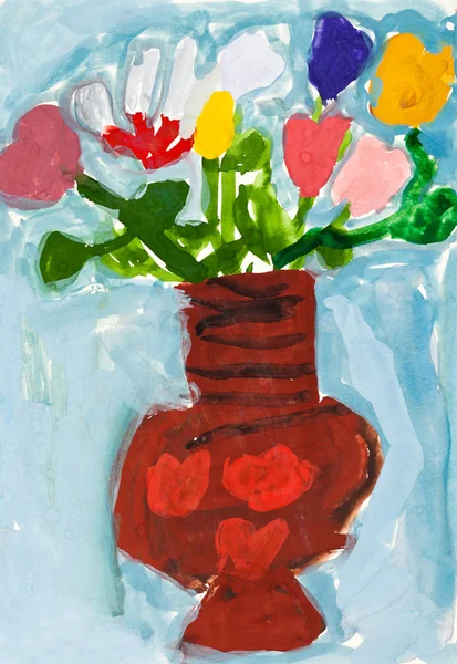 Child's paiting - flowers in ceramic vase — Stock Photo, Image