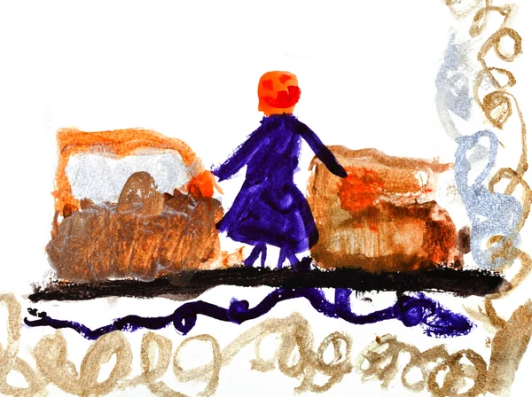 Child's drawing - woman on train station — Stock Photo, Image